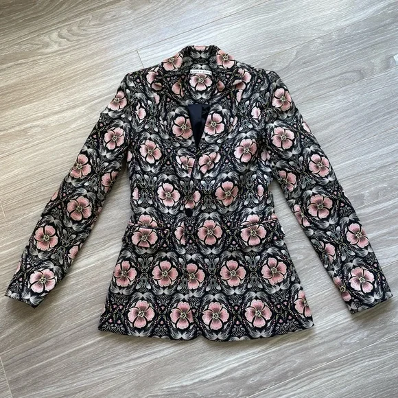 Alice + Olivia Macey Floral Print Blazer Sz 0 EUC Peach and Black - Picture 3 of 13